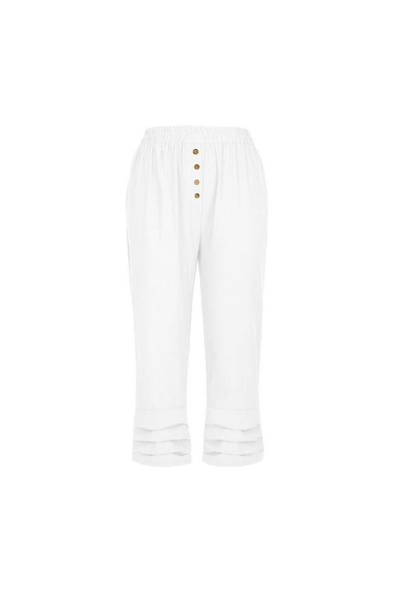 Women's Cotton Linen Capris Pants Casual Elastic Waist Ruffle Hem Loose Button Pleated Trendy Trousers