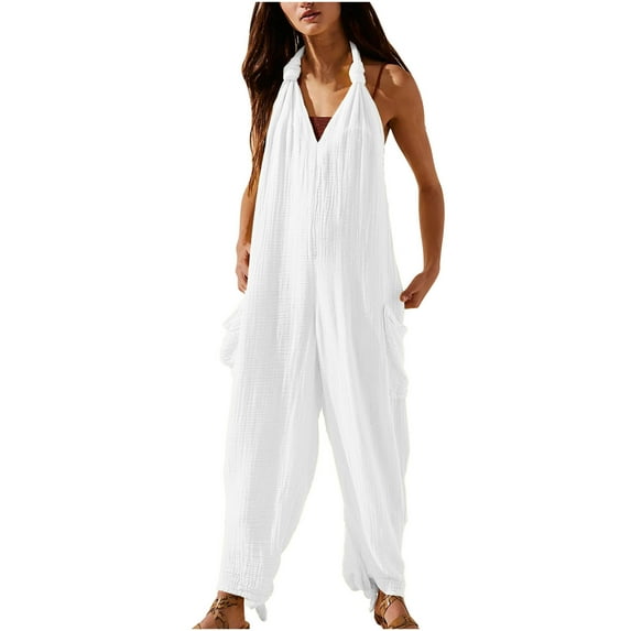 Maean Women's Cotton Linen Jumpsuit Casual Sleeveless V Neck Rompers Wide Leg Loose Tank Top Pants with Pockets
