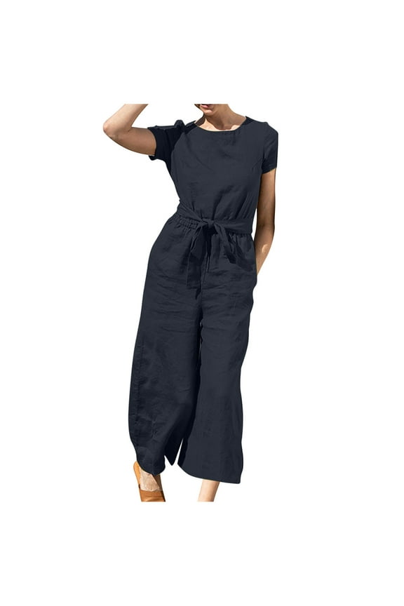 Women's Cotton Linen Jumpsuits for Summer Loose Crew Neck Rompers with Pockets Drawstring Waist Pants