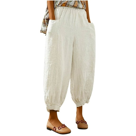 Maean Women's Cotton Linen Pants Casual Wide Leg Elastic Waist Baggy Pleated Cropped Trousers with Pockets