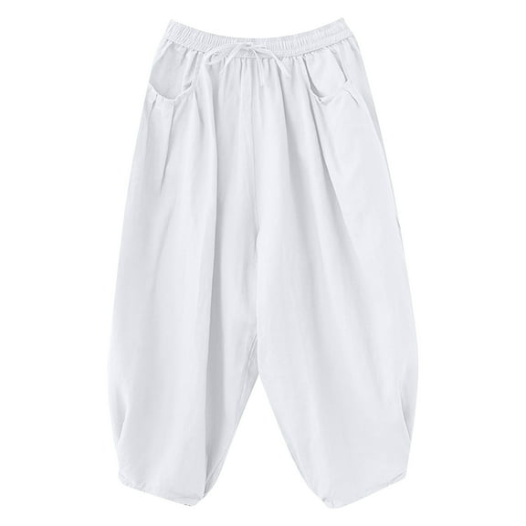Maean Women's Cotton Linen Pants Elastic High Waisted Wide Leg Drawstring Casual Loose Trousers with Pockets