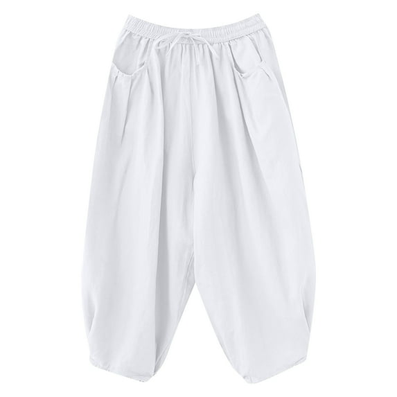 Maean Women's Cotton Linen Pants Elastic High Waisted Wide Leg Drawstring Casual Loose Trousers with Pockets
