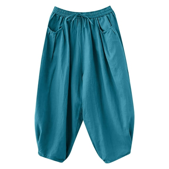 Maean Women's Cotton Linen Pants Elastic High Waisted Wide Leg Drawstring Casual Loose Trousers with Pockets