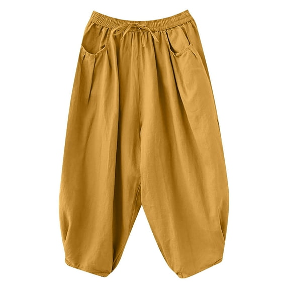 Maean Women's Cotton Linen Pants Elastic High Waisted Wide Leg Drawstring Casual Loose Trousers with Pockets