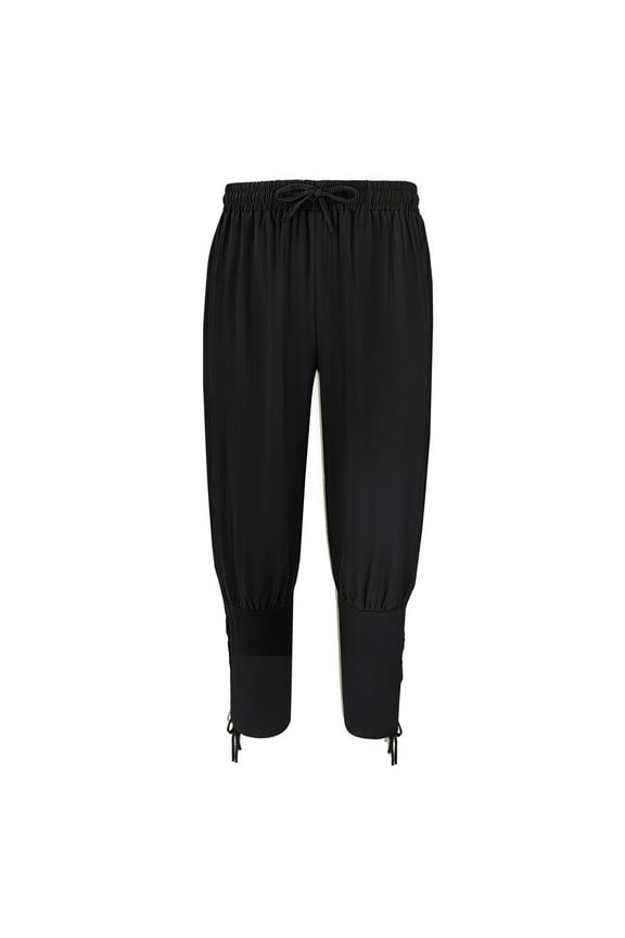 Women's Cotton Linen Pants Elastic Waist Drawstring Strapped Pleated Casual Workout Trousers with Pockets