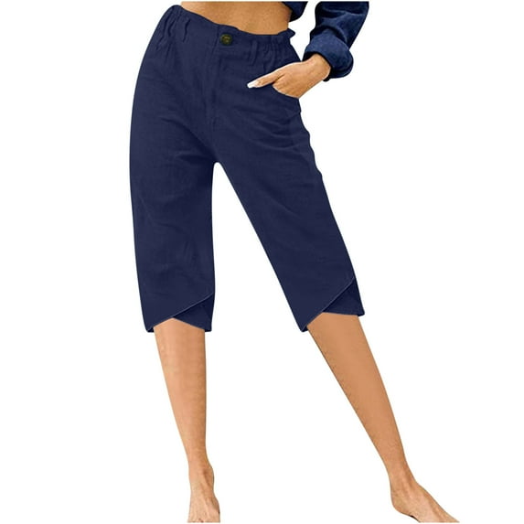 Maean Women's Cotton Linen Shorts Casual High Waisted Straight Wide Leg Button Sport Shorts with Pockets