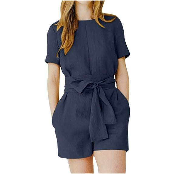 Maean Women's Cotton Linen Shorts Wide Leg Loose Jumpsuit Short Sleeve Bow Knot Tie Rompers with Pockets