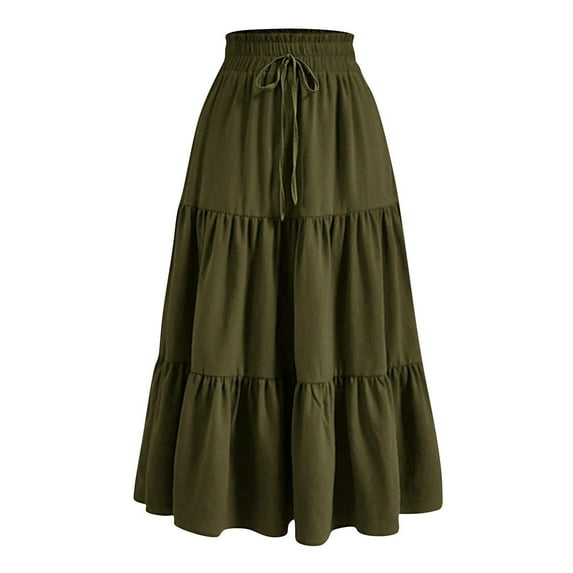 Maean Women's Flowy Skirt Summer Beach Pleated Elastic High Waisted A Lined Tiered Maxi Skirt