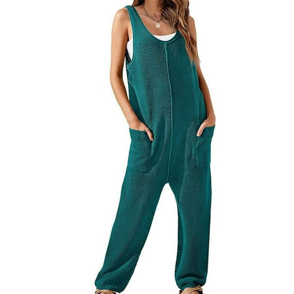 Maean Women's Knit Cotton Jumpsuit with Pockets Wide Leg V Neck Sleeveless Loose Rompers Tank Top Long Pants