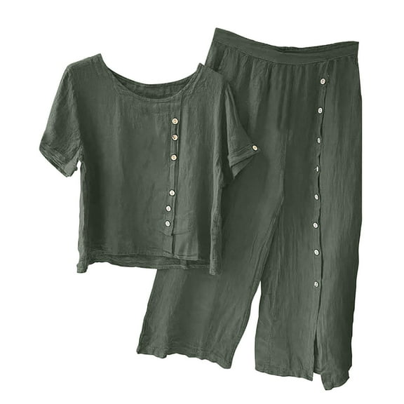 Maean Women's Lounge 2 Piece Outfits Cotton Linen Buttons Crew Neck Short Sleeve Tops and Wide Leg Pants Sets