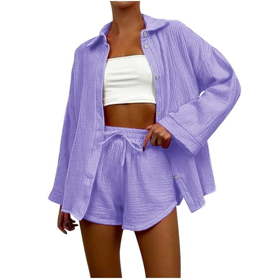 Maean Women's Outfit 2 Piece Long Sleeve Button Shirt Tops and Baggy Drawstring Shorts Lounge Sets Tracksuit