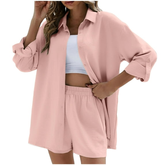 Maean Women's Outfit 2 Piece Long Sleeve Oversized Button Down Shirt Tops and Baggy Shorts Lounge Sets Tracksuit