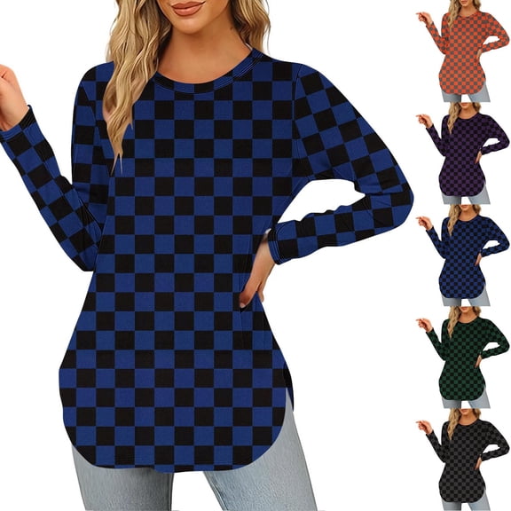 Maean Women's Plaid Shirts Long Sleeve Tunic Tops Crewneck Pullover Slim Fashion Trendy Clothes