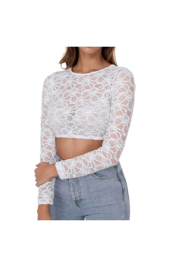 Women's Plus Size Lace Top Cropp Slim Shirts Long Sleeve Short Blouse Party Prom Tees S-5XL