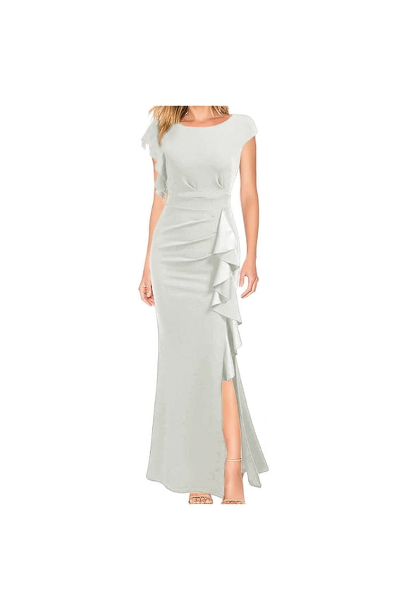 Women's Short Sleeve Cocktail Dresses Wrinkles Ruffle Evening Maxi Gown Party Summer Beach Wedding Guest Dress