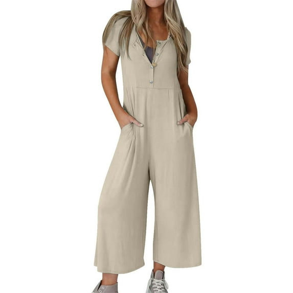 Maean Women's Short Sleeve Jumpsuit Wide Leg Loose V Neck Buttons Rompers Solid Color Long Pants with Pockets