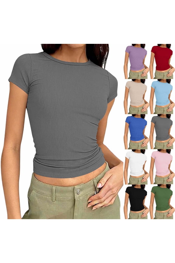Women's Short Sleeve Tight Tee Ribbed Slim Tshirts Crewneck Summer Basic Casual Tees Tops