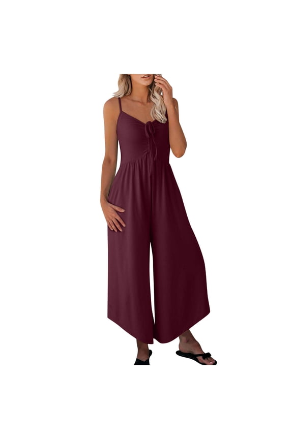 Women's Sleeveless Jumpsuits Casual Wide Leg V Neck Drawstring Adjustable Spaghetti Strap Dress Rompers
