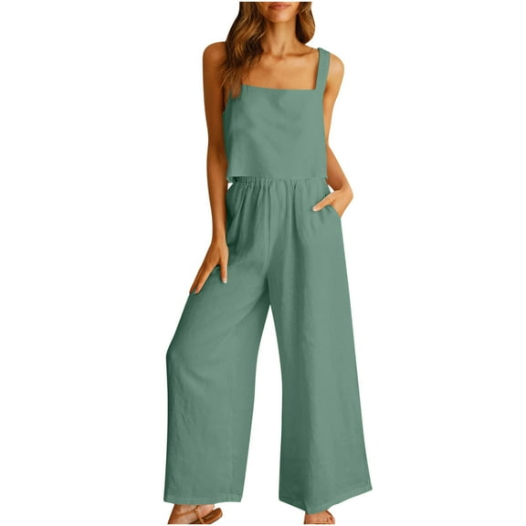 Maean Women's Summer 2 Piece Outfits Sleeveless Tank Top and Elastic Waist Wide Leg Long Pockets Pants Sets