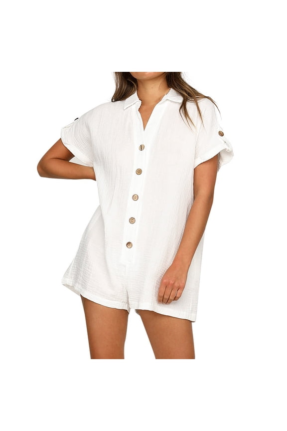 Women's Summer Casual Rompers Short Sleeve Wide Leg Shorts V Neck Collared Jumpsuit with Pockets
