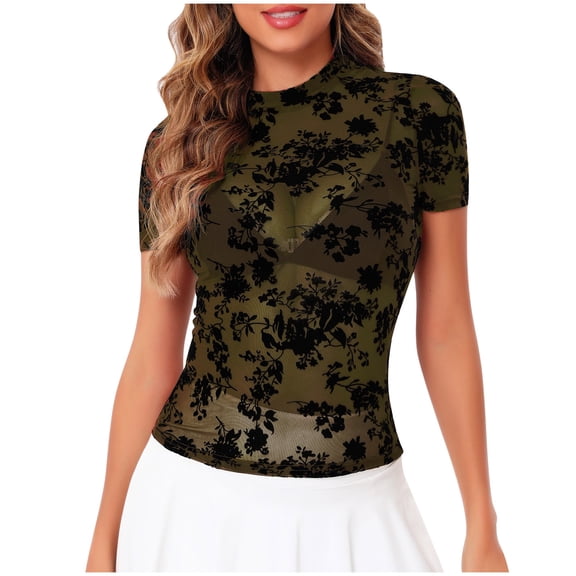 Maean Women's Summer Lace Top 2025 Short Sleeve See Through Mesh Blouse Shirts Going out Clubwear Outfits