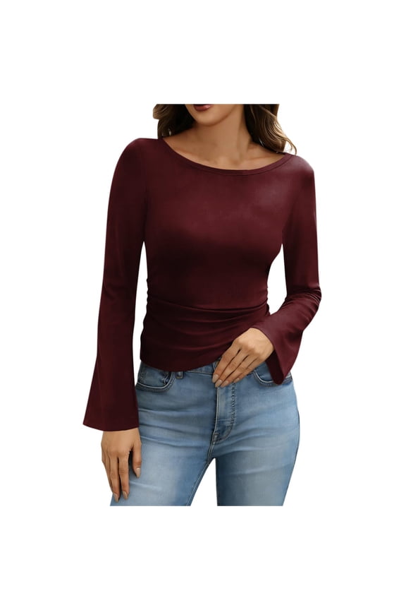 Women's Tight Tops Flare Long Sleeve Top Fashion Casual Business Dressy Shirts Slim Trendy Blouse