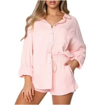 Maean Women's Two Piece Outfits Casual Long Sleeve V Neck Shirts Top and Ruffled Waist Shorts Set with Pockets
