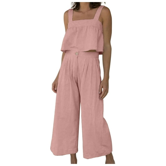Maean Women's Vacation Outfits Summer Beach Sleeveless Square Neck Tank Crop Tops and Button Long Pants Sets