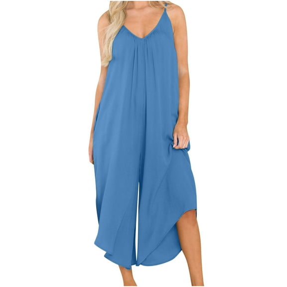Maean Women's Wide Leg Camisole Jumpsuit Casual V Neck Home Pajamas Rompers Baggy Solid Color Long Pants