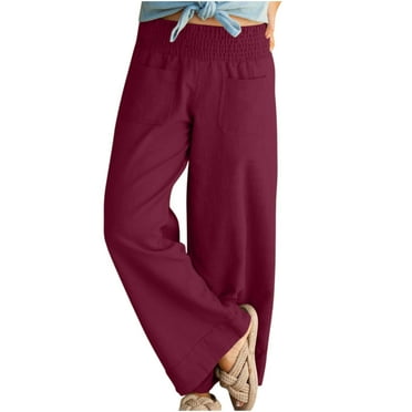 Maean Women's Wide Leg Cotton Linen Pants Elastic High Waist Loose Solid Color Casual Trousers with Pockets