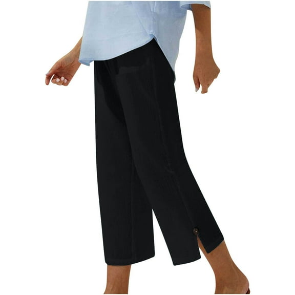 Maean Women's Wide Leg Linen Pants with Pockets Casual Work Elastic High Waist Straight Split Capri Trousers