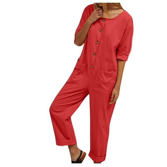 Maean Women's Wide Leg Loose Jumpsuits Crew Neck Casual Short Sleeve Button Rompers Long Pants with Pockets