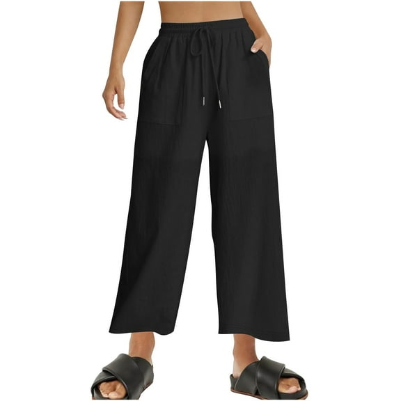 Maean Women's Wide Leg Pants Elastic High Waist Drawstring Baggy Casual Home Ankle Trousers with Pockets