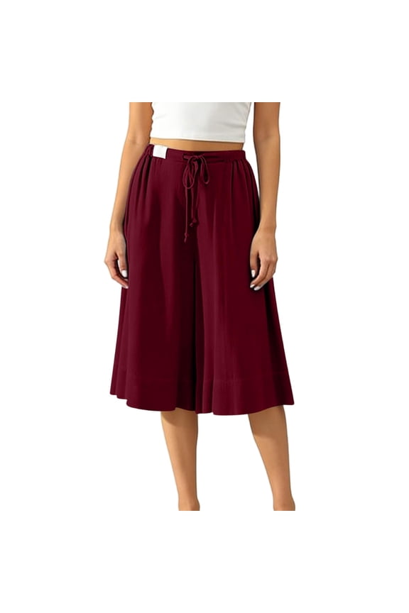 Women's Wide Leg Shorts Knee Length Long Shorts Elastic Waist Drawstring Loose Trousers with Pockets