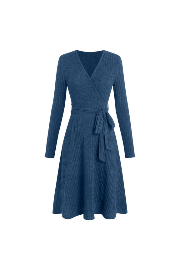 Women's Wrap V Neck Sweater Dress Long Sleeve A Line Ribbed Knit Midi Dresses with Belt