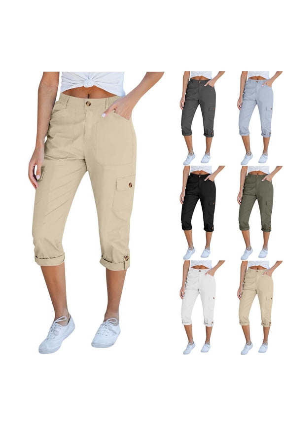 Womens Cargo Capri Pant with Pockets High Waist Hiking Knee Length Summer Causal Pants Ladies Capris