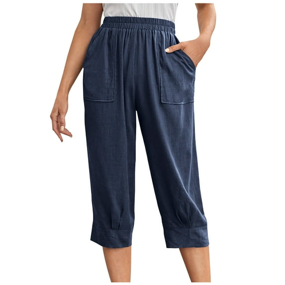 Maean Womens Cotton Linen Capris Pants Casual Elastic High Waist Comfy Straight Legged Trousers with Pockets