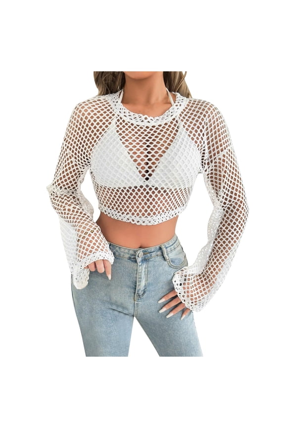 Womens Crop Cover up Crochet Long Sleeve Swimwear Beach Shirts Hollow out Swimsuit Coverup