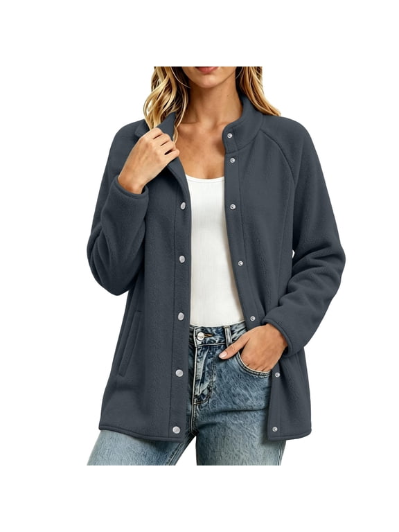 Womens Fleece Jacket Cardigan Button down Mock Neck Fall Casual Fashion Long Sleeve Outerwear Coat