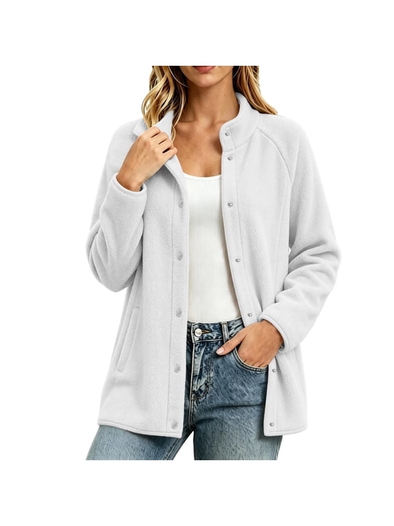 Womens Fleece Jacket Cardigan Button down Mock Neck Fall Casual Fashion Long Sleeve Outerwear Coat