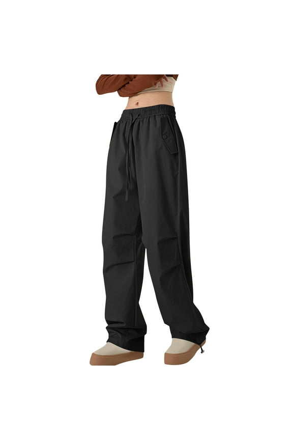 Womens Girls Cargo Pants Lightweight Baggy Straight Leg Causal Streetwear Elastic Waist Pant