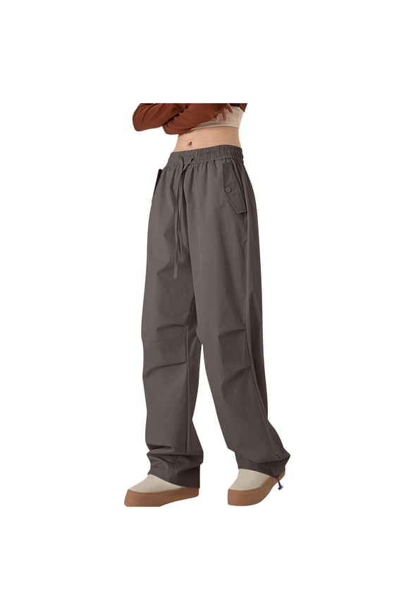 Womens Girls Cargo Pants Lightweight Baggy Straight Leg Causal Streetwear Elastic Waist Pant