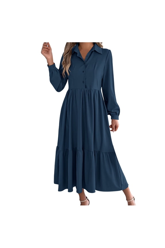 Womens High Waist Dresses Long Puff Sleeve V Neck Fall Casual Flowy A Line Tiered Maxi Dress