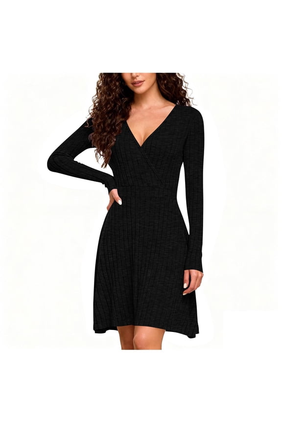 Womens Knit Dressy V Neck Long Sleeve Midi Sweaters Dresses Wrap Ribbed A Lined Flare Clothes