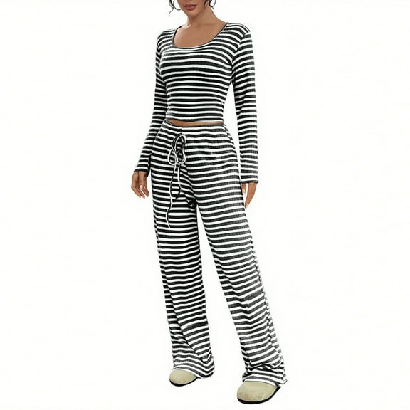Maean Womens Lounge Sets Long Sleeve Striped Shirts and Drawstring Wide Leg Palazzo Pants 2 Piece