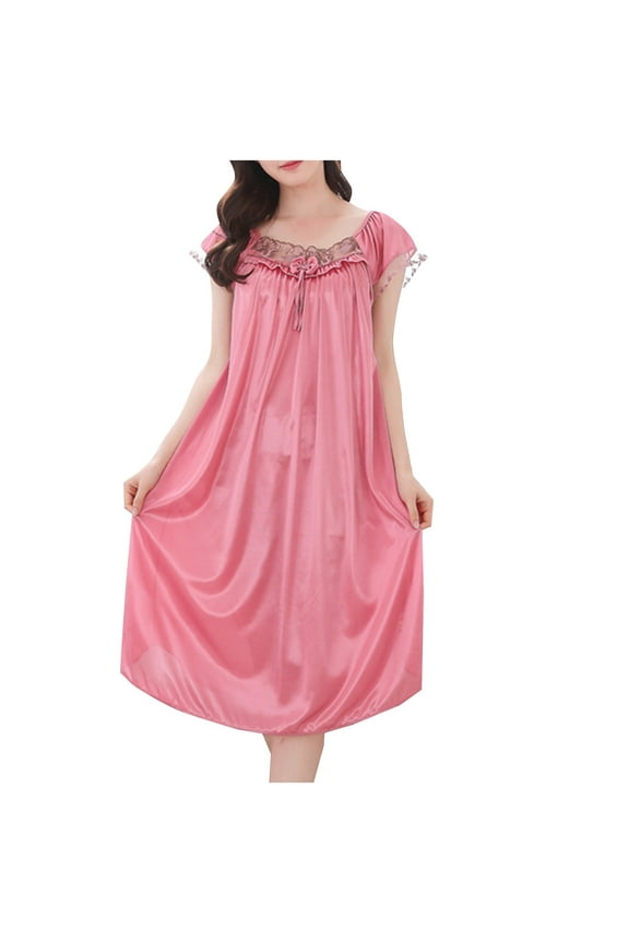 Womens Nightgowns Satin Silky Short Sleeve Long Nightgown Loose Sleepwear Loungewear Nightdress