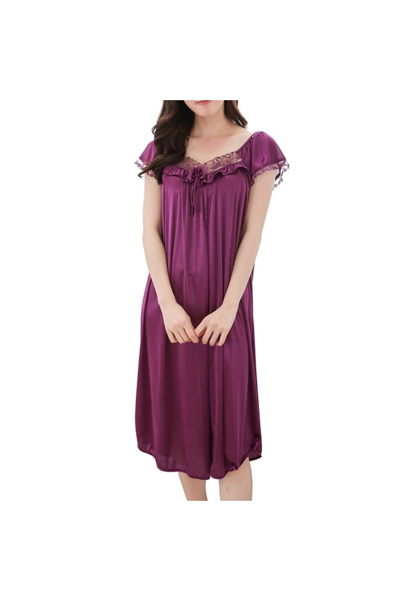 Womens Nightgowns Satin Silky Short Sleeve Long Nightgown Loose Sleepwear Loungewear Nightdress