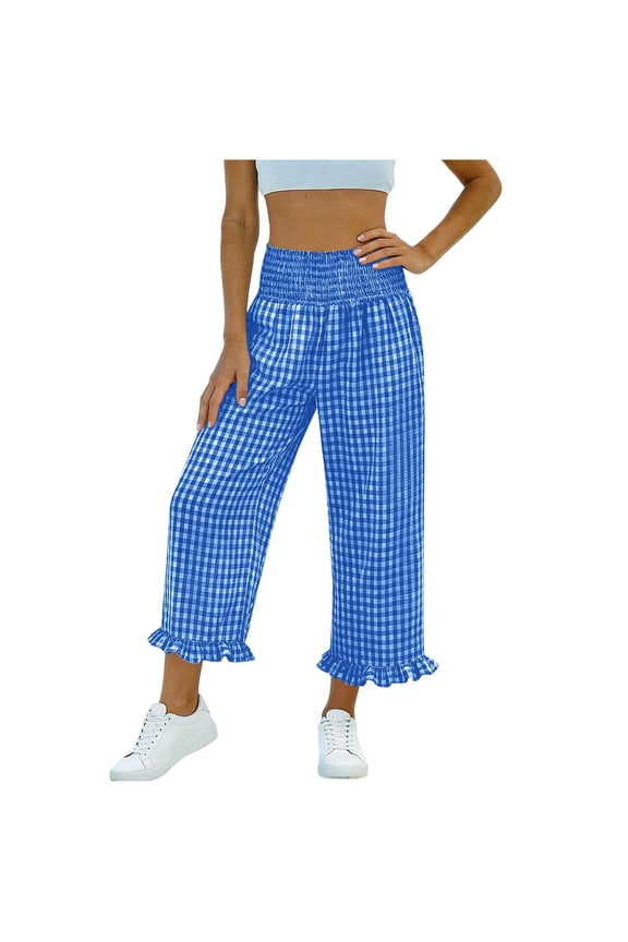 Womens Plaid Capris Wide Leg Elastic High Waist Ruffle Hem Palazzo Cropped Lounge Capri Pant with Pockets