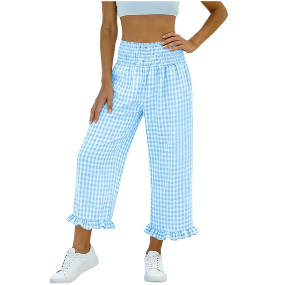 Maean Womens Plaid Capris Wide Leg Elastic High Waist Ruffle Hem Palazzo Cropped Lounge Capri Pant with Pockets