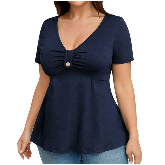 Maean Womens Plus Size Blouse V Neck Short Sleeve Flowy Tunic Tops Cute Ruffle Hem Shirts XL-5XL